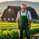 Home 23 스토리텔러와 관련된 성공적인 마케팅 사례 - A serene German organic farm landscape during golden hour, featuring a farmer in casual work clothes...