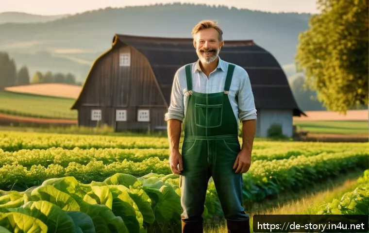 스토리텔러와 관련된 성공적인 마케팅 사례 - A serene German organic farm landscape during golden hour, featuring a farmer in casual work clothes...