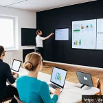 스토리텔러 직업 변화와 적응 방법 - A modern digital storytelling workspace in a bright Berlin office, featuring a young creative profes...