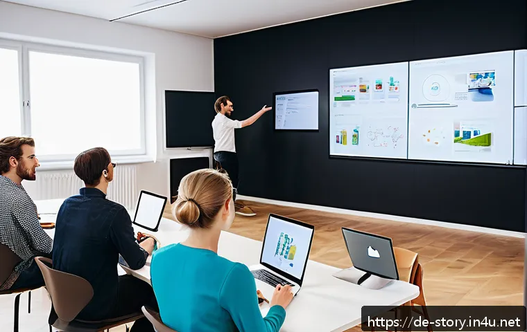 스토리텔러 직업 변화와 적응 방법 - A modern digital storytelling workspace in a bright Berlin office, featuring a young creative profes...