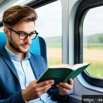 스토리텔러와 영화 스토리텔링의 차이 - A cozy reading scene inside a modern German train carriage during daylight, featuring a young adult ...