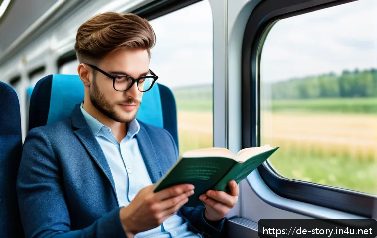 스토리텔러와 영화 스토리텔링의 차이 - A cozy reading scene inside a modern German train carriage during daylight, featuring a young adult ...