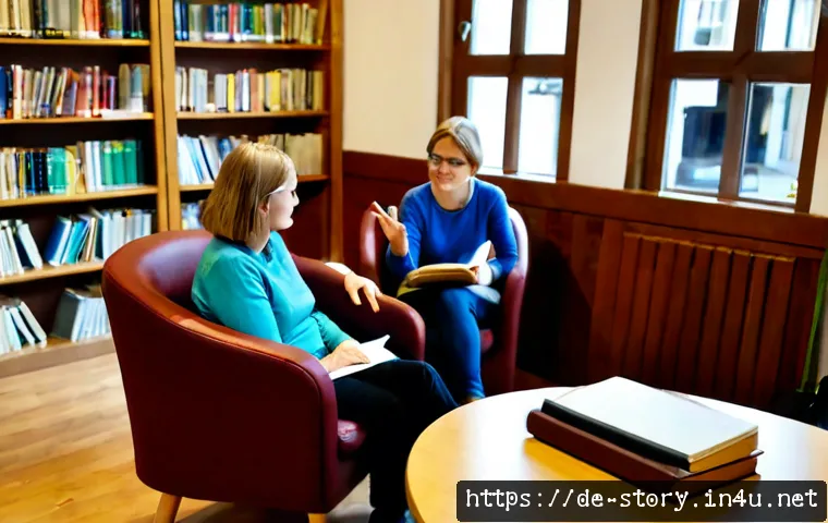스토리텔러 관련 이론과 실제의 연결 - Photorealistic documentary-style scene in a warm German community library, an experienced female sto...